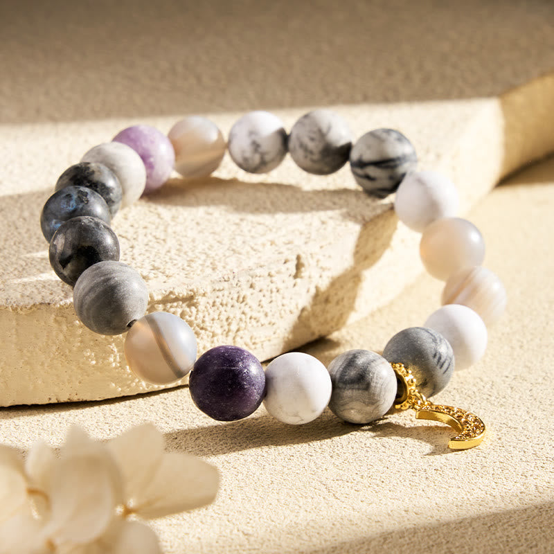 FuAttract Balance Clarity Crescent Moon Black Web Jasper White Turquoise Gray Striped Agate Bracelet - image 1