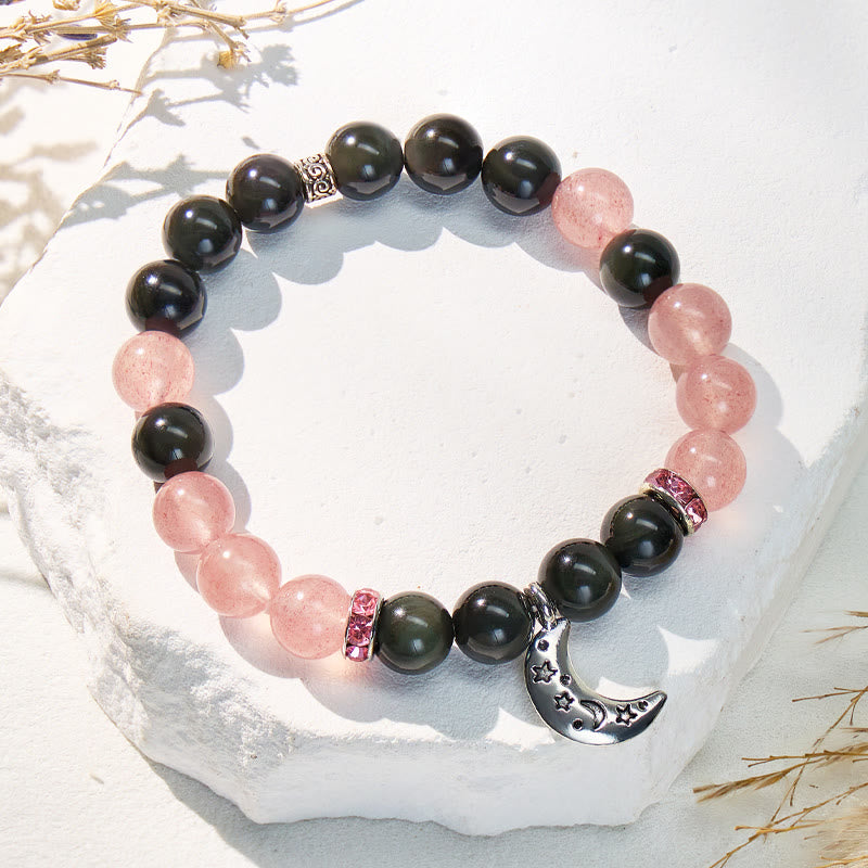 FuAttract Crescent Moon Rainbow Obsidian Strawberry Quartz Bracelet – Emotional Healing - 8mm - image 0
