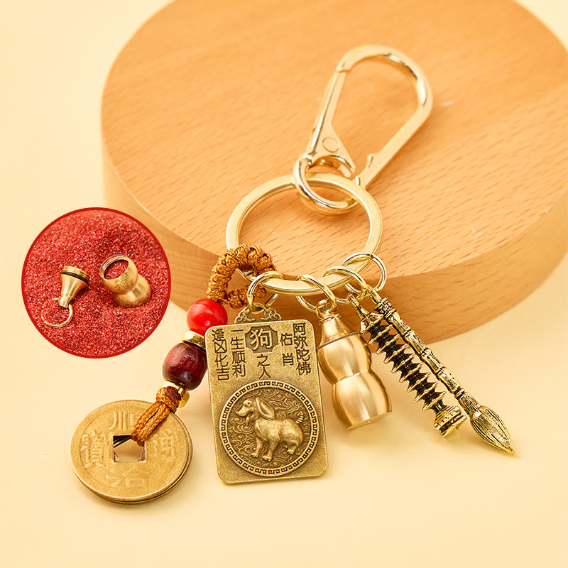 FuAttract Wisdom Protection Chinese Zodiac Calabash Cinnabar Brass Keychain - Dog - image 15