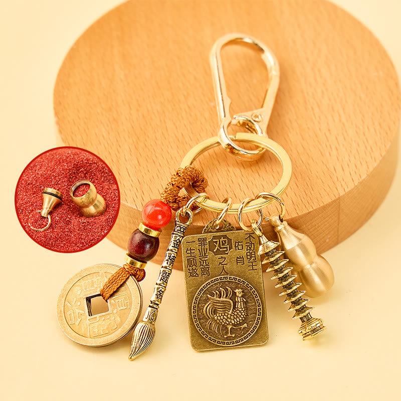 FuAttract Wisdom Protection Chinese Zodiac Calabash Cinnabar Brass Keychain - Rooster - image 14