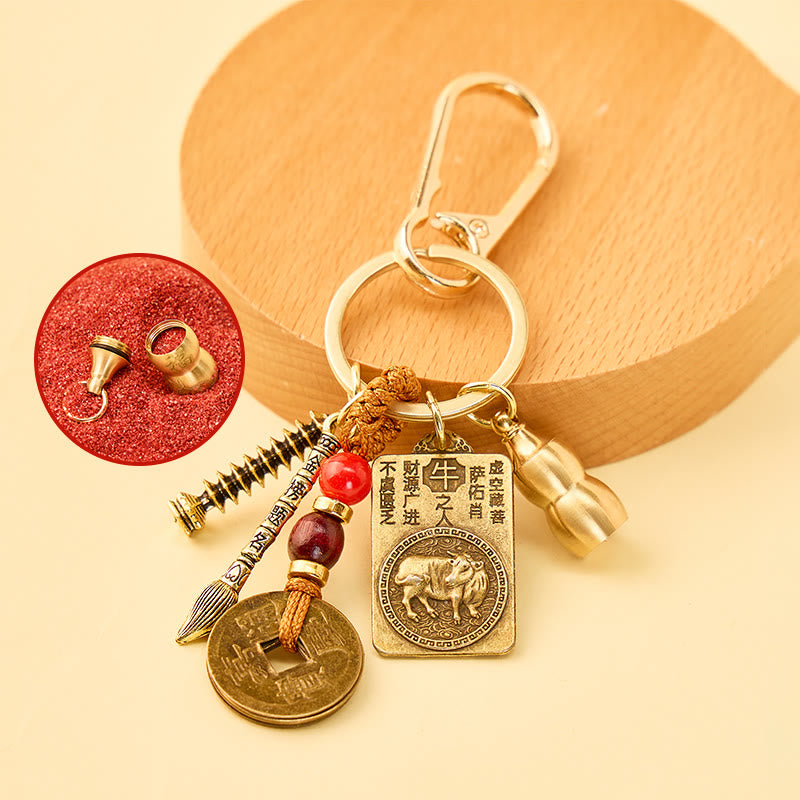 FuAttract Wisdom Protection Chinese Zodiac Calabash Cinnabar Brass Keychain - Ox - image 7