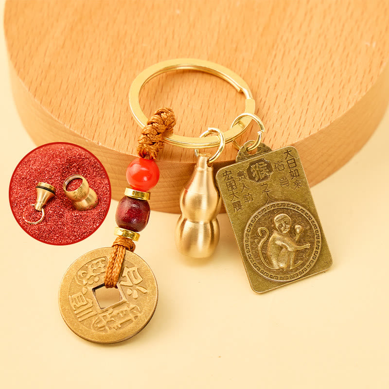 FuAttract Fortune Blessings Chinese Zodiac Guardian Calabash Cinnabar Brass Keychain - Monkey - image 0