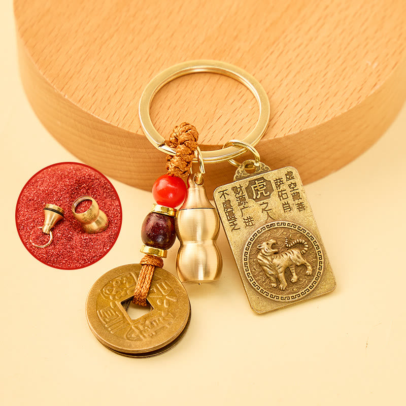 FuAttract Fortune Blessings Chinese Zodiac Guardian Calabash Cinnabar Brass Keychain - Tiger - image 8