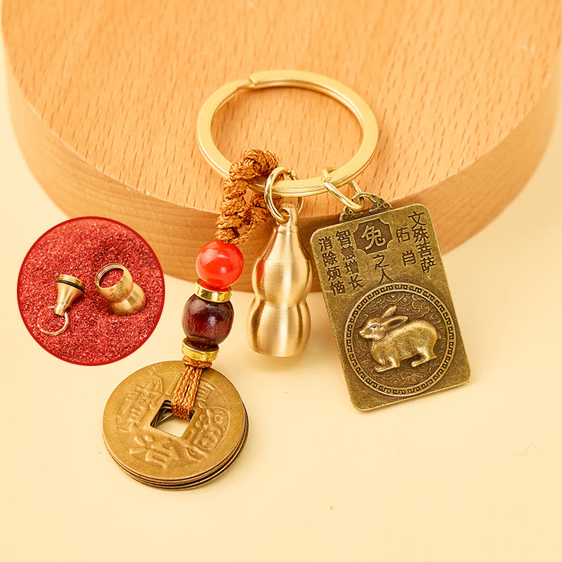 FuAttract Fortune Blessings Chinese Zodiac Guardian Calabash Cinnabar Brass Keychain - Rabbit - image 9