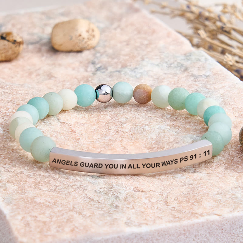 FuAttract Angels Guard You In All Your Ways Psalm 91:11 Tube Bead Bracelet - Matt Amazonite - Silver - image 15