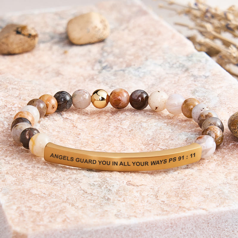 FuAttract Angels Guard You In All Your Ways Psalm 91:11 Tube Bead Bracelet - Bamboo Leaf Agate - Gold - image 24