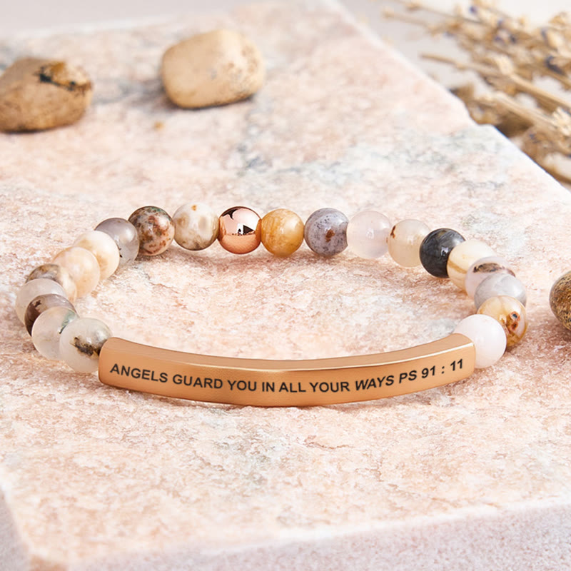 FuAttract Angels Guard You In All Your Ways Psalm 91:11 Tube Bead Bracelet - Bamboo Leaf Agate - Rose Gold - image 22