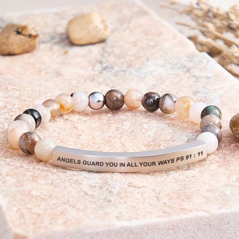 FuAttract Angels Guard You In All Your Ways Psalm 91:11 Tube Bead Bracelet - Bamboo Leaf Agate - Silver - image 23