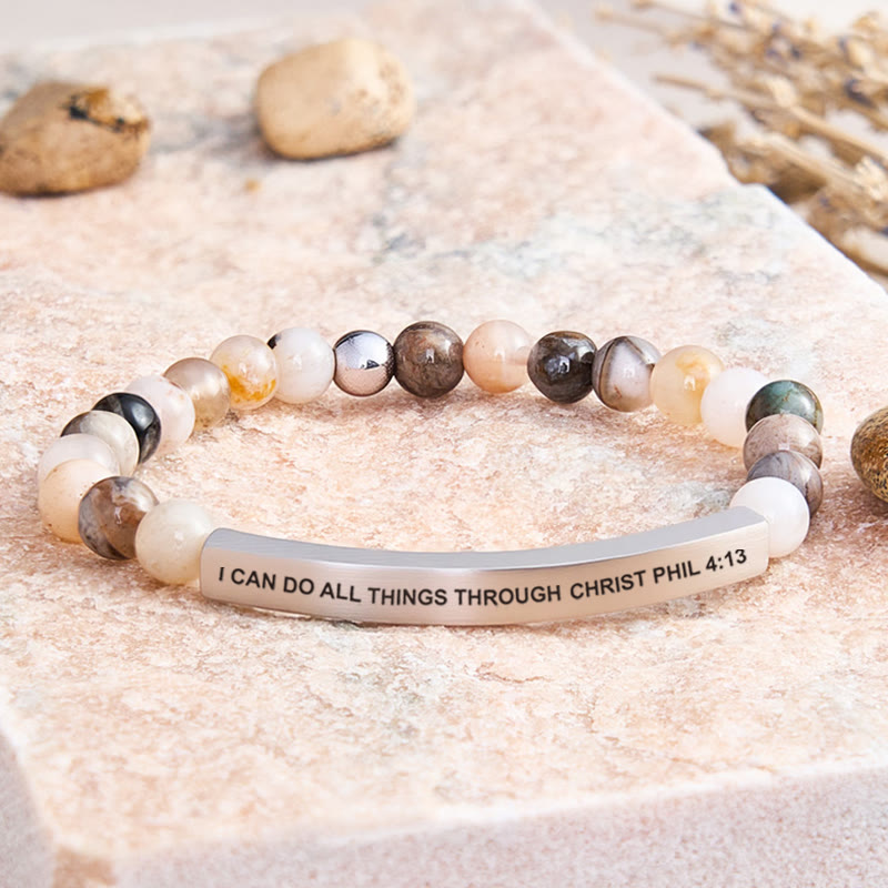 FuAttract I Can Do All Things Through Christ Phil 4:13 Tube Bead Bracelet - Bamboo Leaf Agate - Silver - image 19