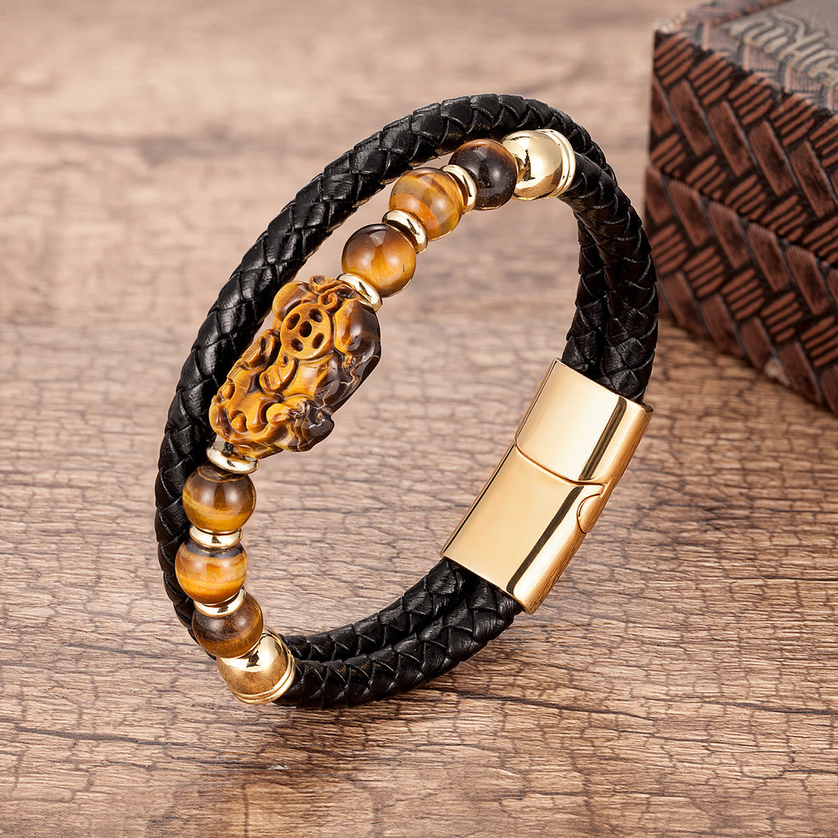 FuAttract Courage & Wealth & Protection Tiger's Eye Pixiu Leather Bracelet - Yellow Tiger's Eye - Gold - 23cm - image 9