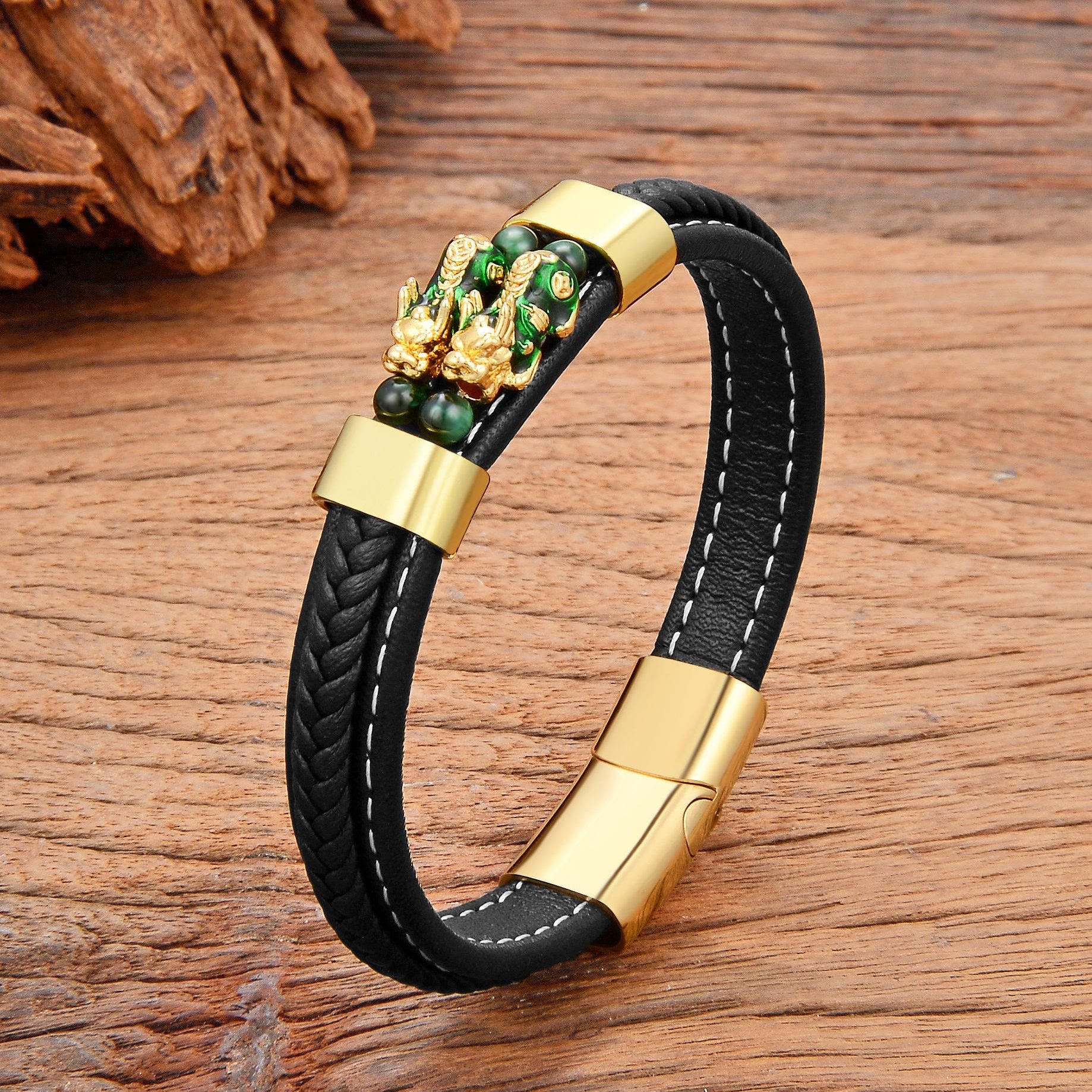 FuAttract Wealth & Protective Energy Pixiu Stainless Steel Leather Bracelet - Green - 23cm - image 6