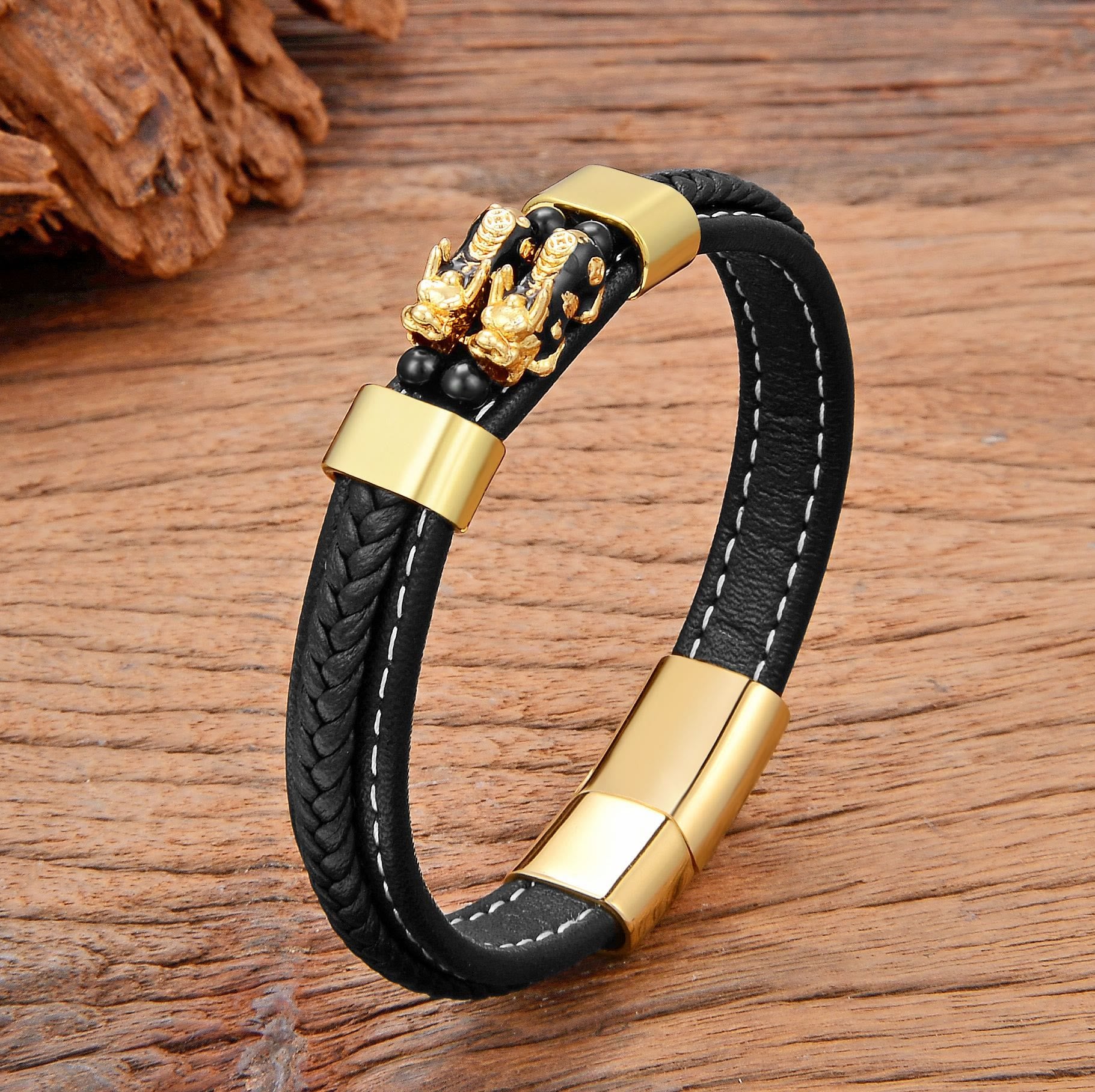 FuAttract Wealth & Protective Energy Pixiu Stainless Steel Leather Bracelet - Black - 23cm - image 5