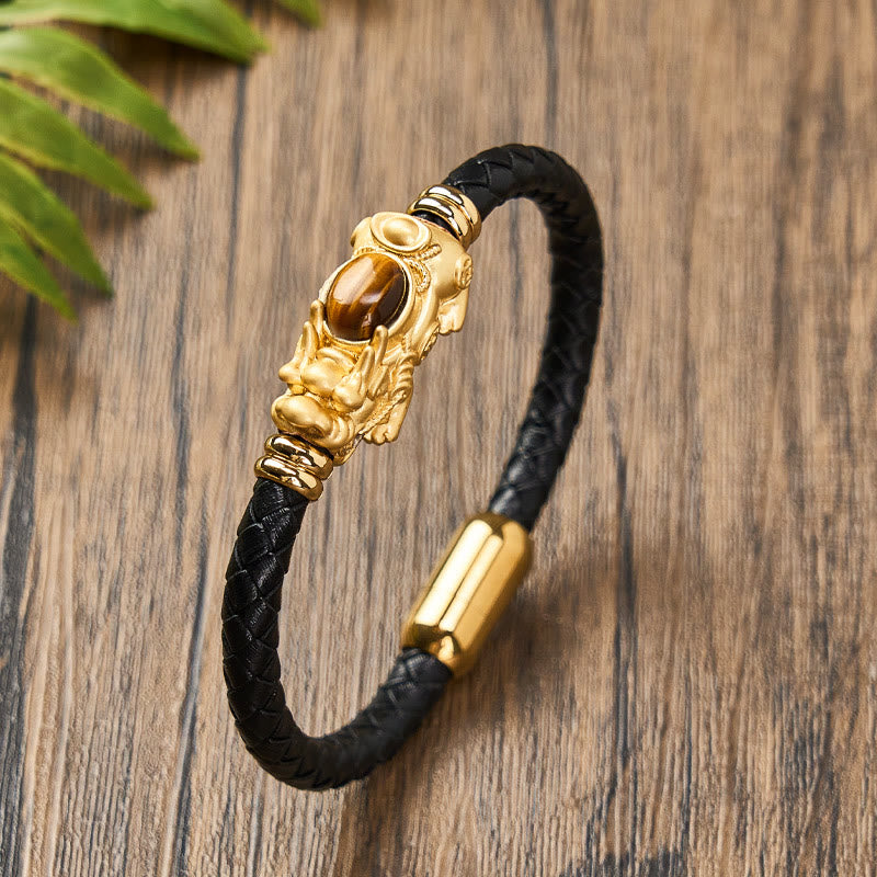 FuAttract Courage & Wealth & Protection Crystal Pixiu Leather Bracelet - Tiger's Eye - 23cm - image 0