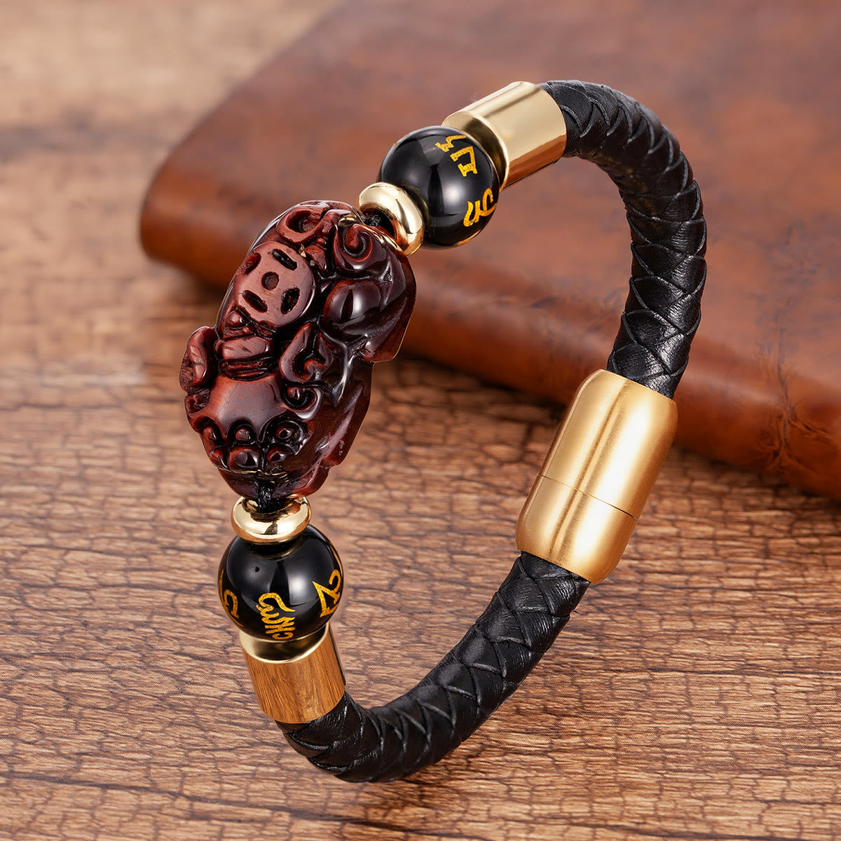 FuAttract Wealth & Protection Pixiu Om Mani Padme Hum Stainless Steel Leather Bracelet - Red Tiger’s Eye - Gold - 23cm - image 19