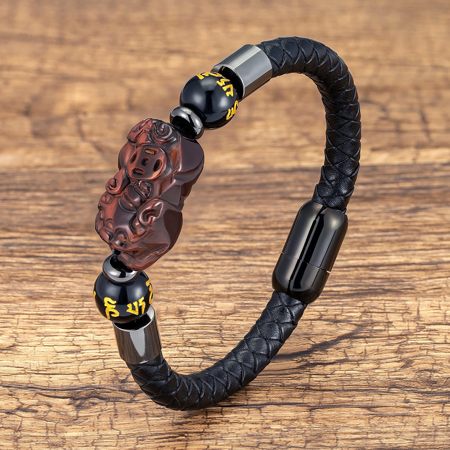 FuAttract Wealth & Protection Pixiu Om Mani Padme Hum Stainless Steel Leather Bracelet - Red Tiger’s Eye - Black - 23cm - image 20