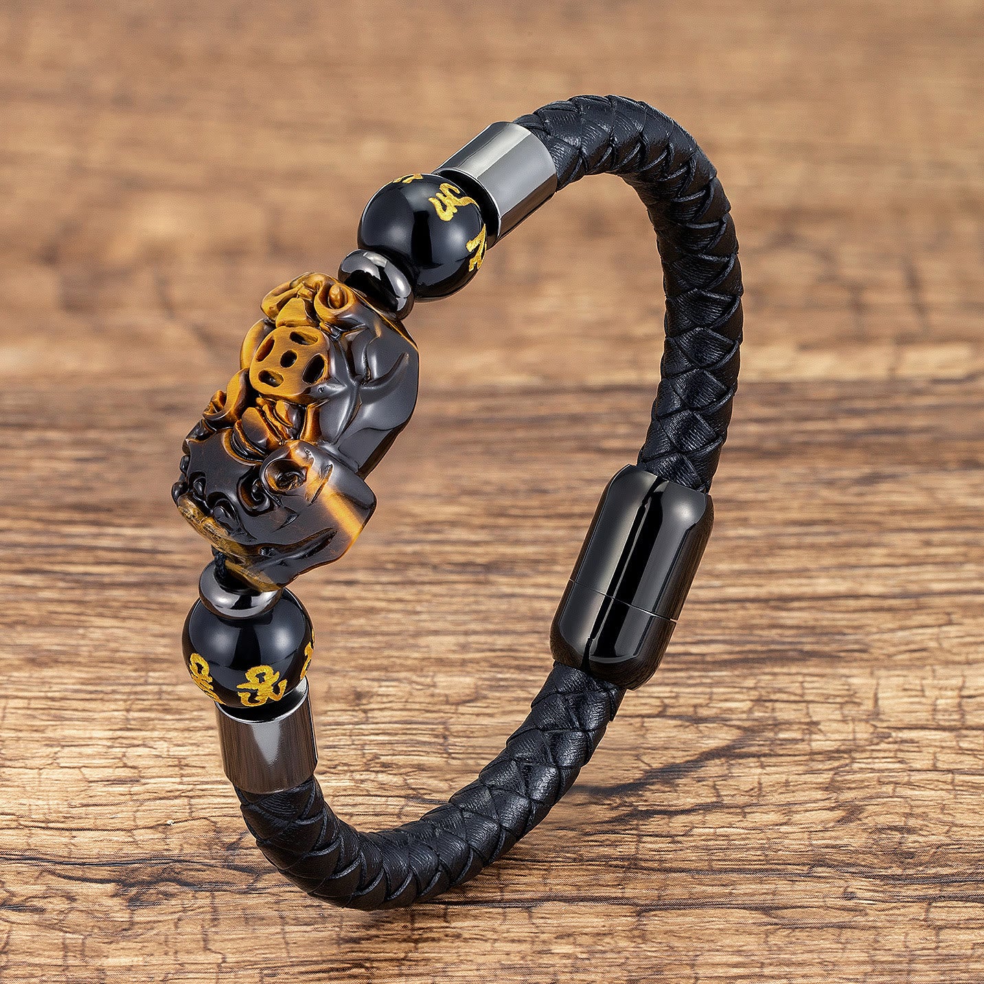FuAttract Wealth & Protection Pixiu Om Mani Padme Hum Stainless Steel Leather Bracelet - Tiger’s Eye - Black - 23cm - image 5