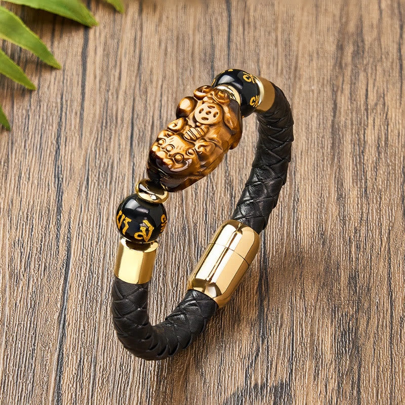 FuAttract Wealth & Protection Pixiu Om Mani Padme Hum Stainless Steel Leather Bracelet - Tiger’s Eye - Gold - 23cm - image 0