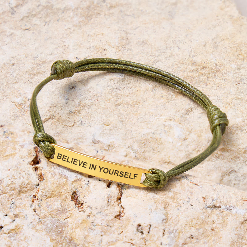 FuAttract Believe In Yourself Stainless Steel Engraved Waxed Cord Bracelet - Olive Green - Gold - image 0
