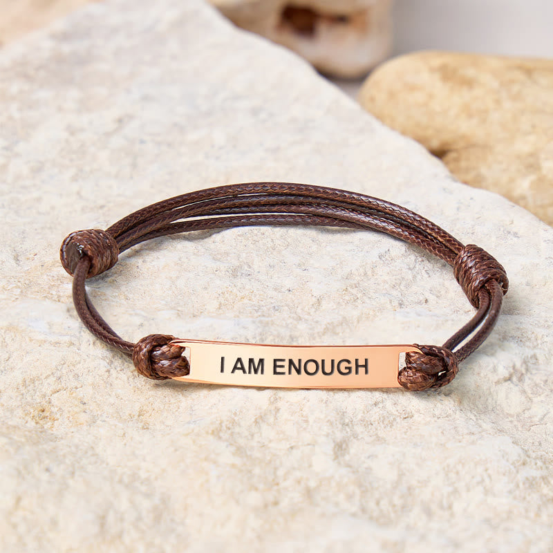 FuAttract I Am Enough Stainless Steel Engraved Waxed Cord Bracelet - Dark Brown - Rose Gold - image 4