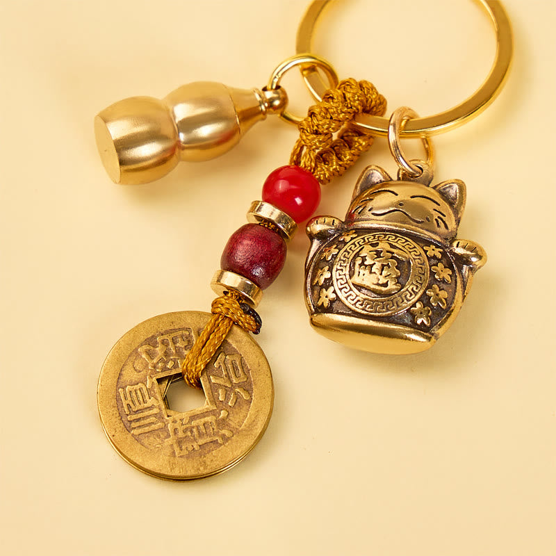 FuAttract Luck Prosperity & Protection Brass Maneki Neko Cat Keychain - image 1