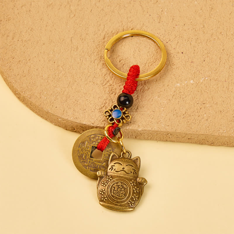 FuAttract Luck Wealth & Protection Copper Vintage Keychain with Maneki Neko and Five Emperor Coins - Iron - image 0