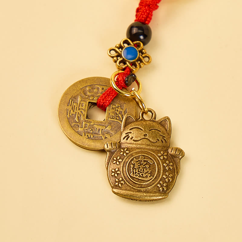 FuAttract Luck Wealth & Protection Copper Vintage Keychain with Maneki Neko and Five Emperor Coins - image 1