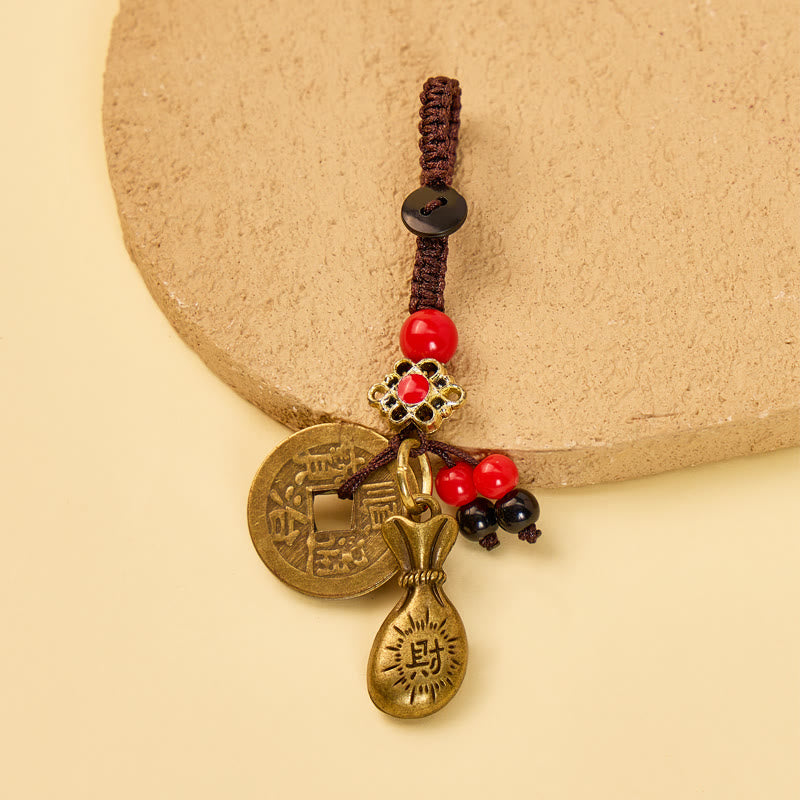 FuAttract Wealth Luck & Protection Brass Keychain with Five Emperor Coins and Fortune Money Bag - Coffee Rope Buckle - image 0