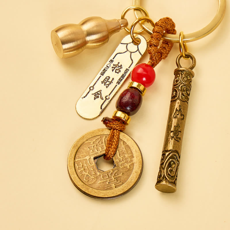 FuAttract Wealth Luck & Protection Ruyi Golden Cudgel Wealth Token Keychain With Five Emperor Coins And Calabash - image 1