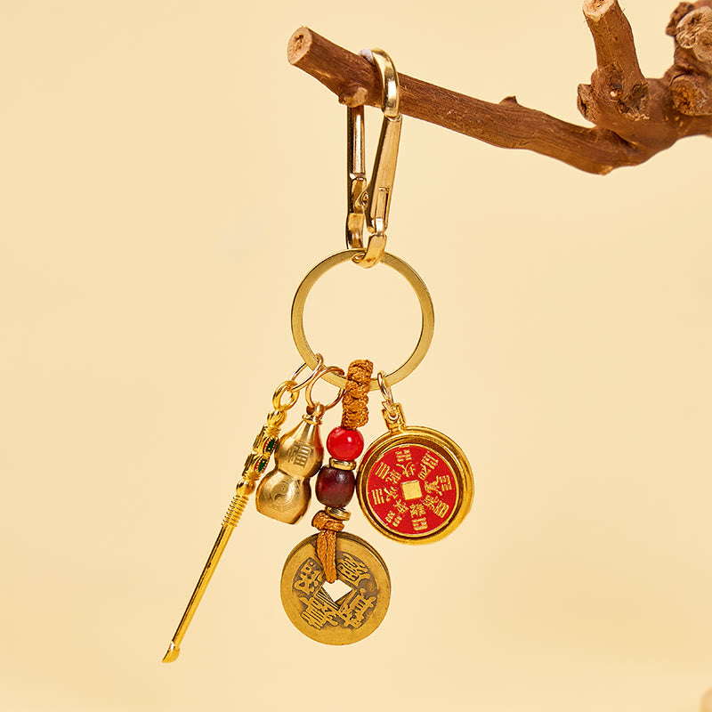 FuAttract Protection & Peace Brass Shan Gui Spinning Five Emperor Coins Calabash Keychain - image 2