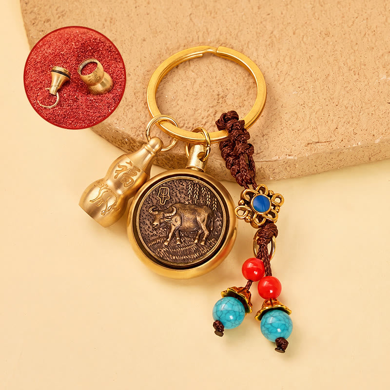FuAttract Wealth Fortune Pixiu Chinese Zodiac Calabash Cinnabar Brass Keychain - Ox - image 1