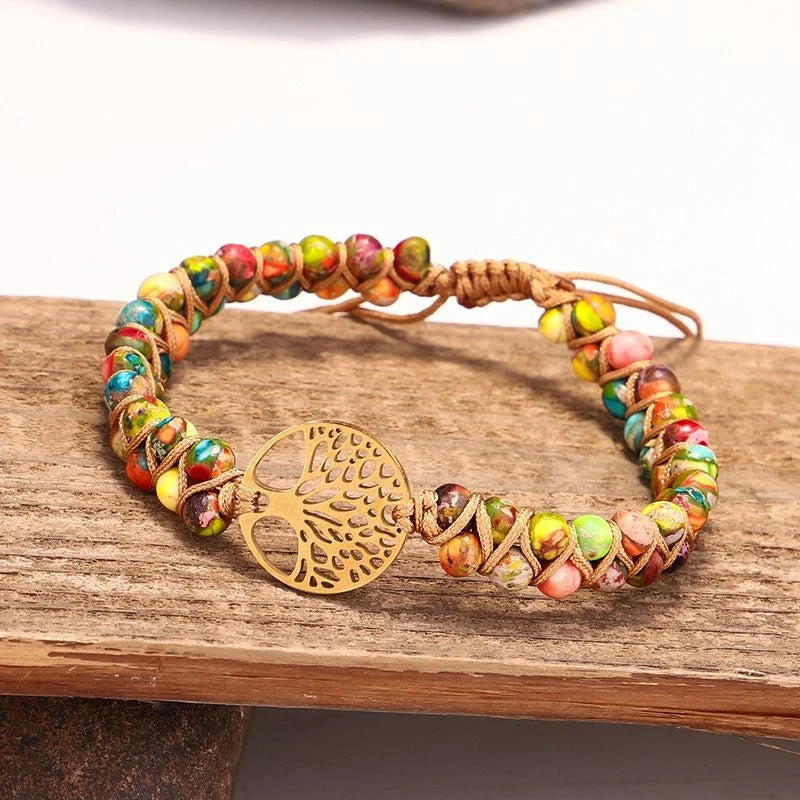 FuAttract Growth Balance & Connection Handmade Woven Tree of Life Bohemian Bracelet - Colorful Emperor Stone - Golden - image 19