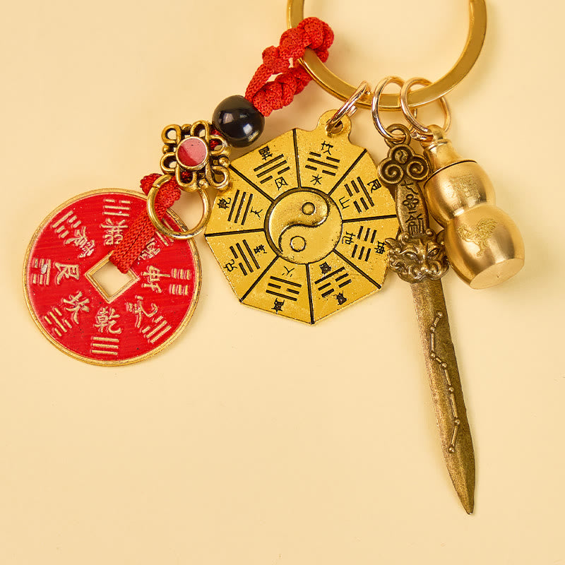 FuAttract Protection & Luck Brass Chinese Zodiac Calabash Keychain With Bagua Plate and Seven-Star Sword - image 1