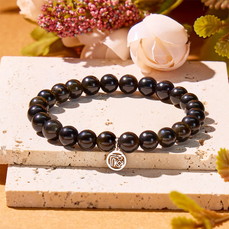 FuAttract Protection Wealth & Prosperity Golden Obsidian Bead Fu Symbol Charm Bracelet - image 1