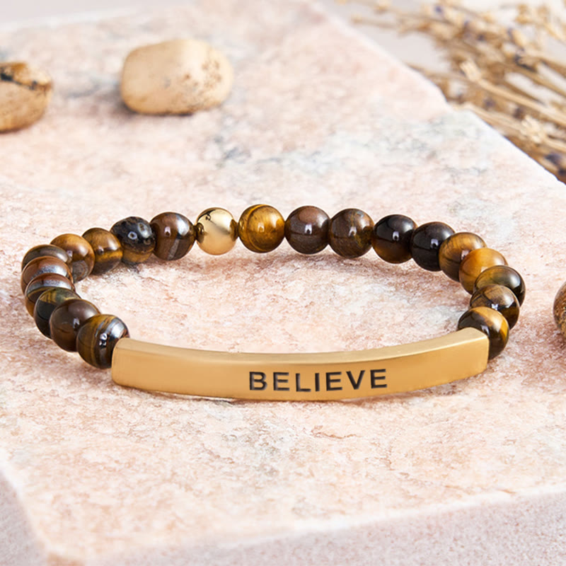 FuAttract Balance Confidence & Harmony Amazonite Stainless Steel Tube Believe Engraved Bracelet - Tiger's Eye - Gold - image 11