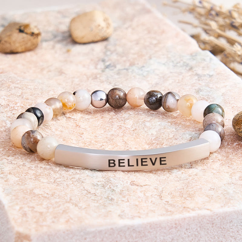 FuAttract Balance Confidence & Harmony Amazonite Stainless Steel Tube Believe Engraved Bracelet - Bamboo Leaf Agate - Silver - image 14