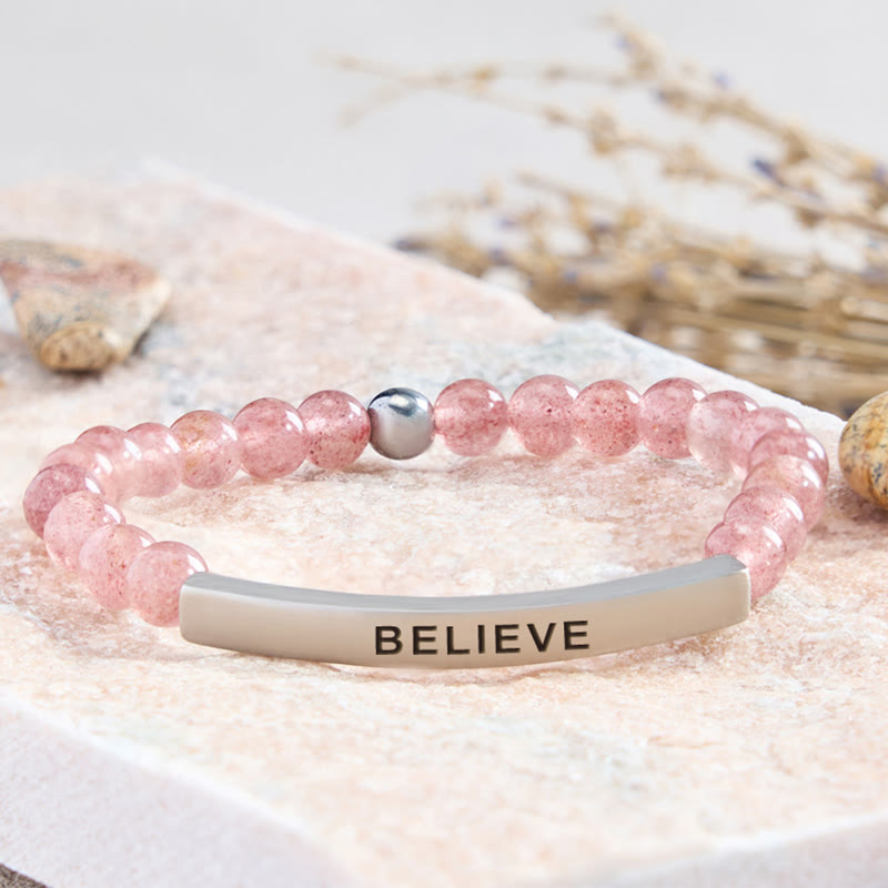 FuAttract Balance Confidence & Harmony Amazonite Stainless Steel Tube Believe Engraved Bracelet - Strawberry Quartz - Silver - image 26