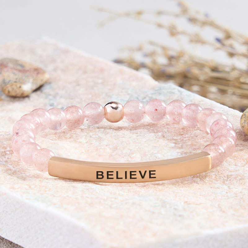 FuAttract Balance Confidence & Harmony Amazonite Stainless Steel Tube Believe Engraved Bracelet - Strawberry Quartz - Rose Gold - image 28