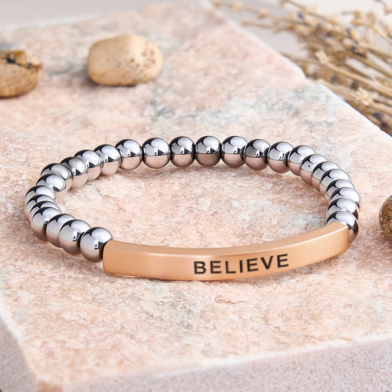 FuAttract Balance Confidence & Harmony Amazonite Stainless Steel Tube Believe Engraved Bracelet - Hematite - Rose Gold - image 36