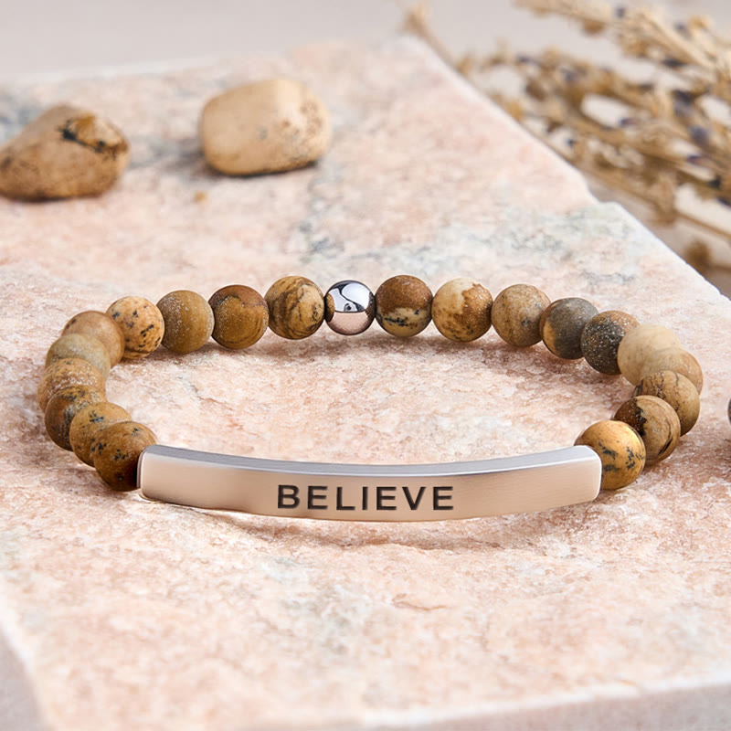 FuAttract Balance Confidence & Harmony Amazonite Stainless Steel Tube Believe Engraved Bracelet - Picture Jasper - Silver - image 42