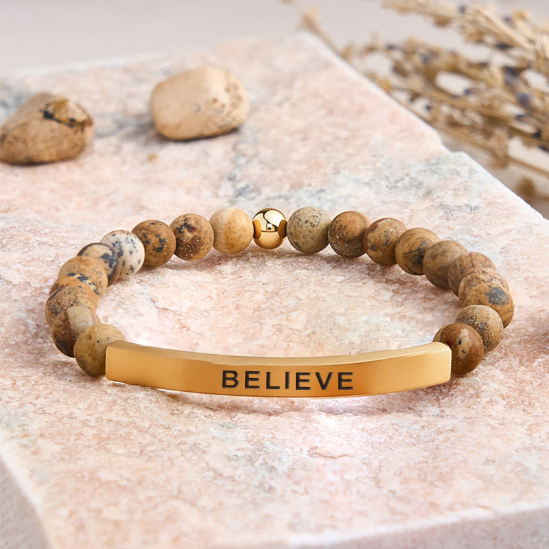 FuAttract Balance Confidence & Harmony Amazonite Stainless Steel Tube Believe Engraved Bracelet - Picture Jasper - Gold - image 43