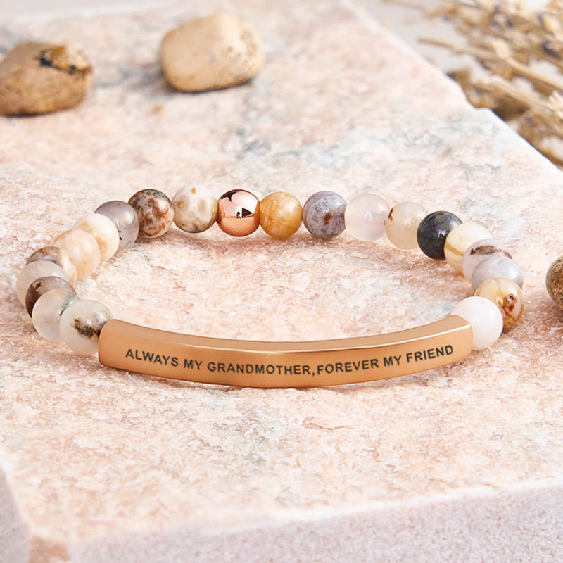 FuAttract Always My Grandmother Forever My Friend Amazonite Tube Engraved Bracelet - Bamboo Leaf Agate - Rose Gold - image 14