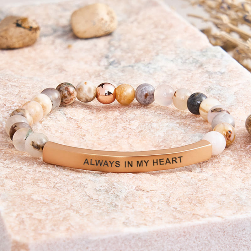 FuAttract Love & Healing Strawberry Quartz Tube Engraved Always In My Heart Bracelet - Bamboo Leaf Agate - Rose Gold - image 17