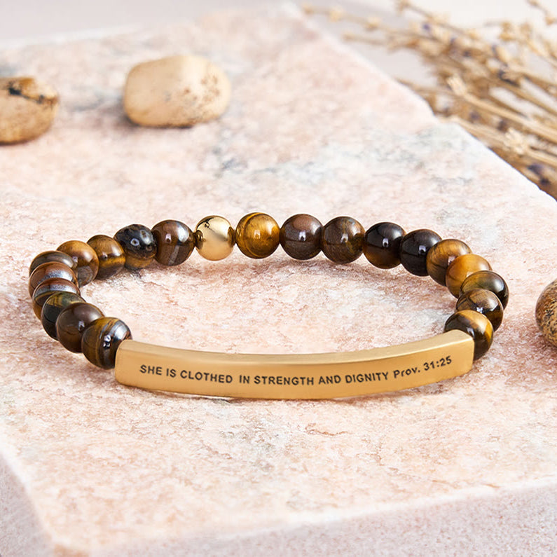 FuAttract She Is Clothed In Strength And Dignity Prov 31:25 Moonstone Tube Engraved Bracelet - Tiger's Eye - Gold - image 15