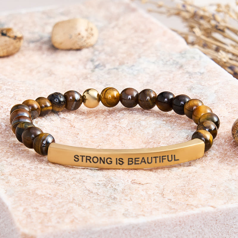 FuAttract Strong Is Beautiful Bamboo Leaf Agate Tube Engraved Bracelet - Tiger's Eye - Gold - image 14