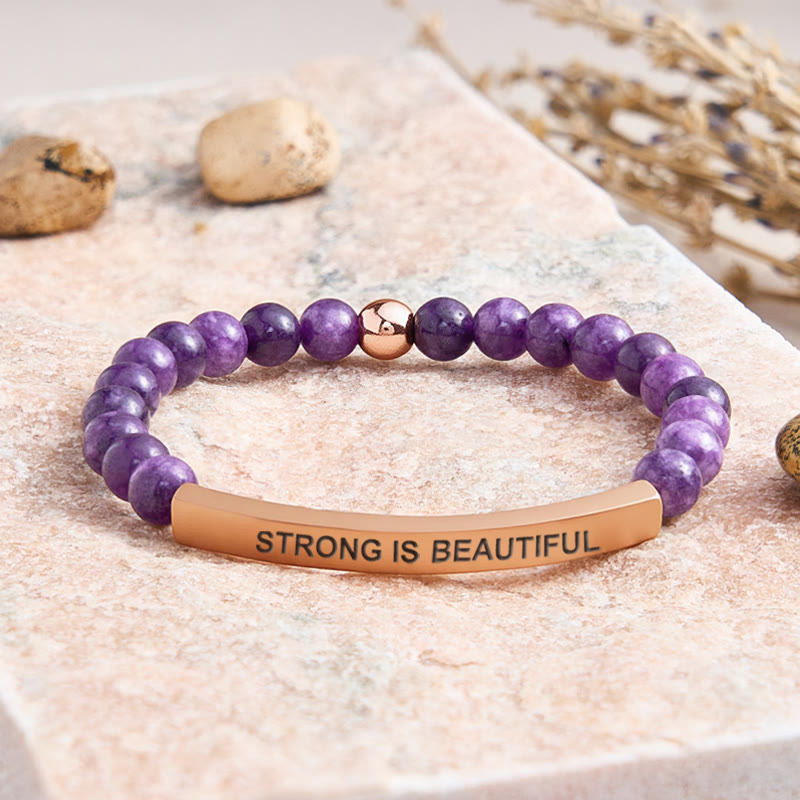 FuAttract Strong Is Beautiful Bamboo Leaf Agate Tube Engraved Bracelet - Amethyst - Rose Gold - image 21