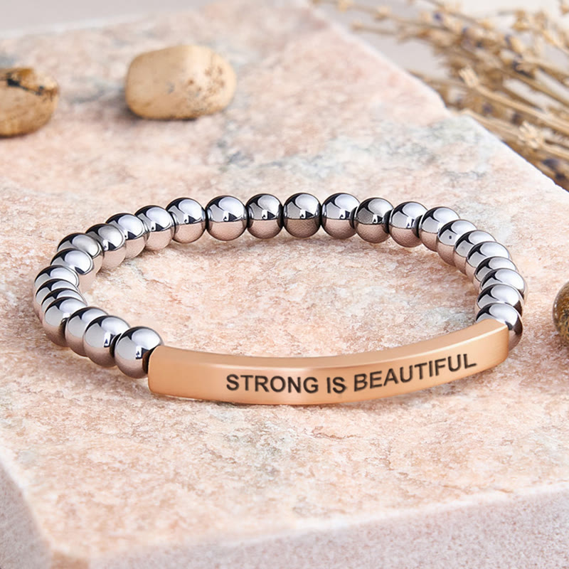 FuAttract Strong Is Beautiful Bamboo Leaf Agate Tube Engraved Bracelet - Hematite - Rose Gold - image 33