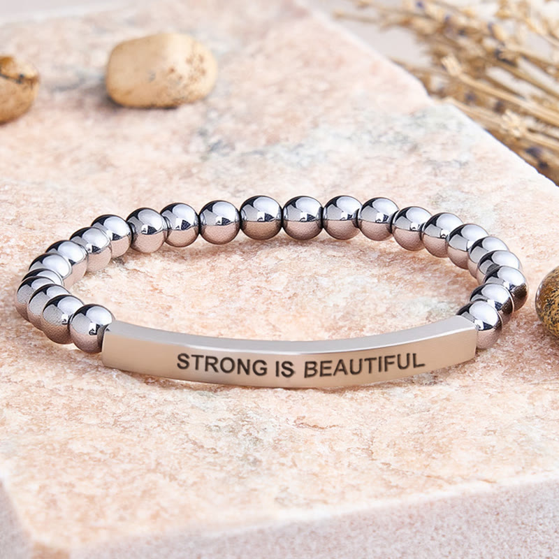 FuAttract Strong Is Beautiful Bamboo Leaf Agate Tube Engraved Bracelet - Hematite - Silver - image 35