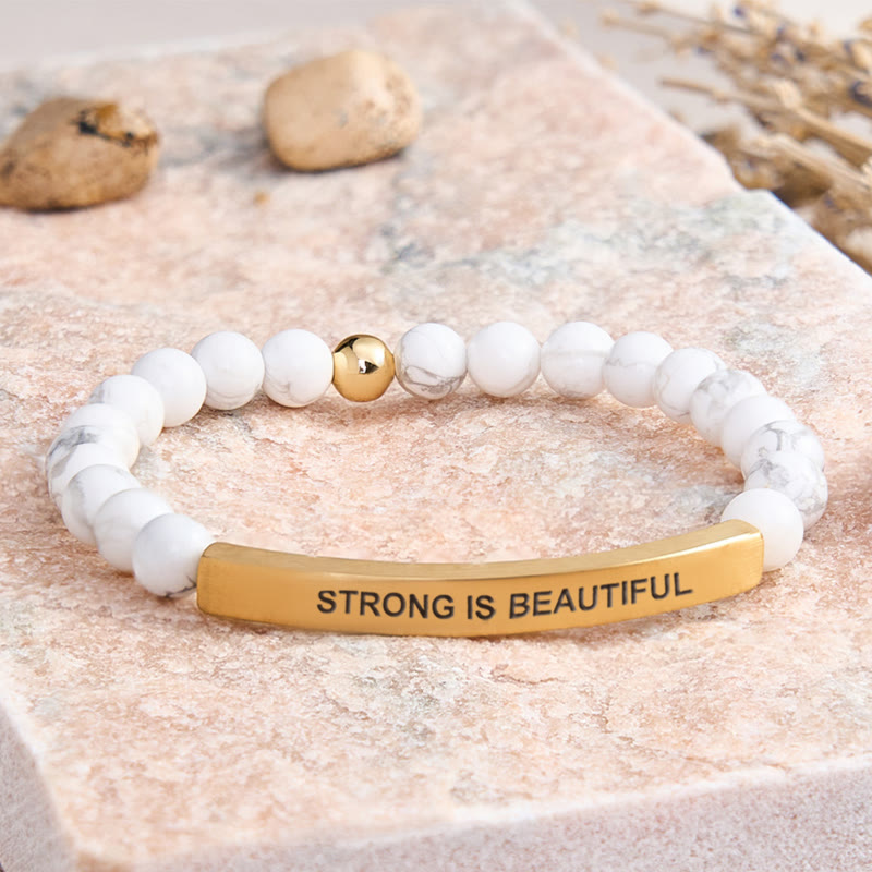 FuAttract Strong Is Beautiful Bamboo Leaf Agate Tube Engraved Bracelet - White Turquoise - Gold - image 46