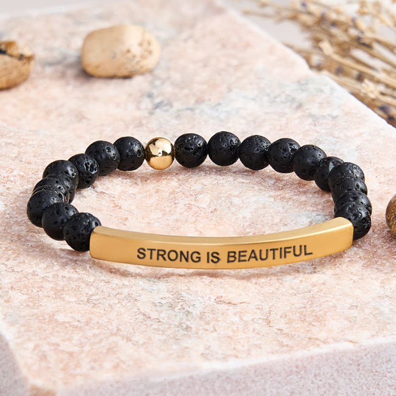FuAttract Strong Is Beautiful Bamboo Leaf Agate Tube Engraved Bracelet - Lava Rock - Gold - image 50