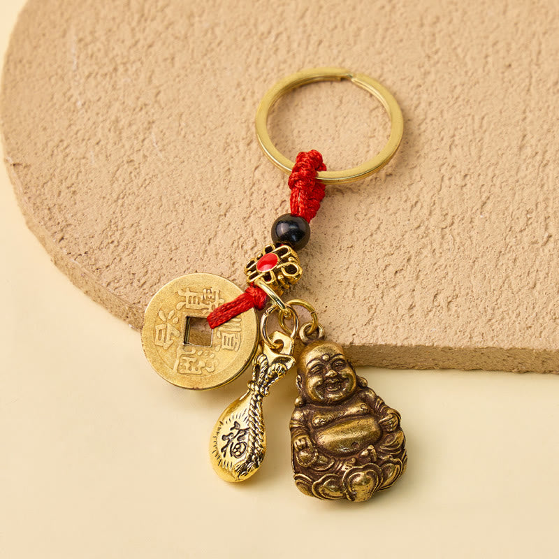 FuAttract Prosperity Luck & Protection Brass Maitreya Buddha Pendant Five Keychain With Emperor Coins Fortune Bag - Brass - image 0